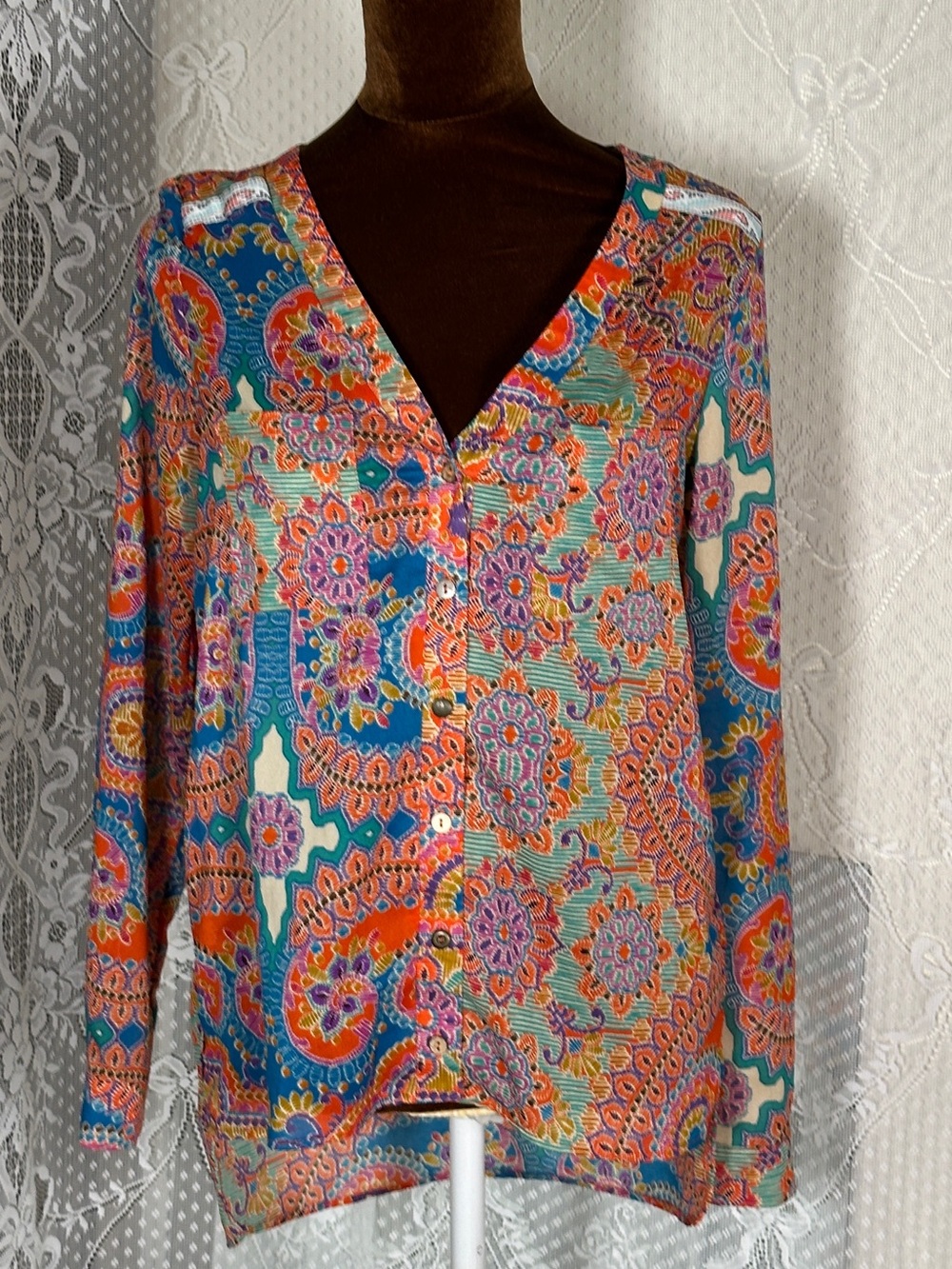 BKE Women's V-Neck Sweater Top in Teal, Orange, Pink and Cream